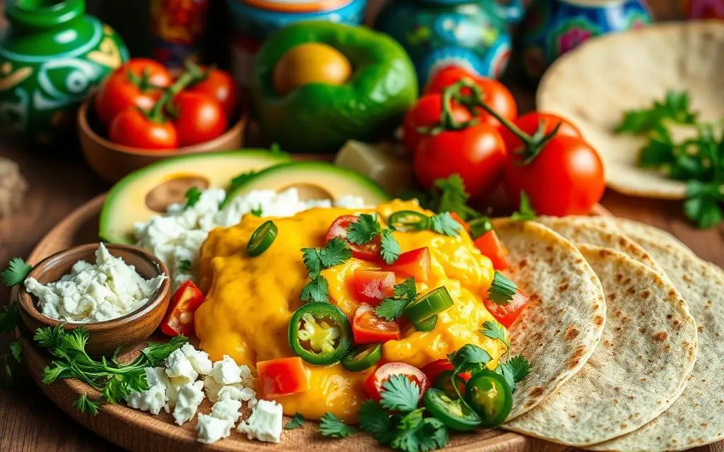 A colorful spread featuring scrambled eggs topped with cheese, jalapeños, and cilantro, served with tortillas, avocado slices, queso fresco, and fresh tomatoes on a rustic table.