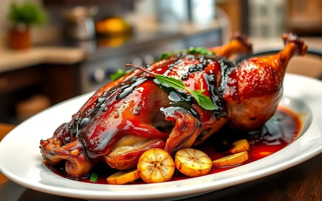 A perfectly roasted duck glistening with a rich plum glaze, served on a decorative platter