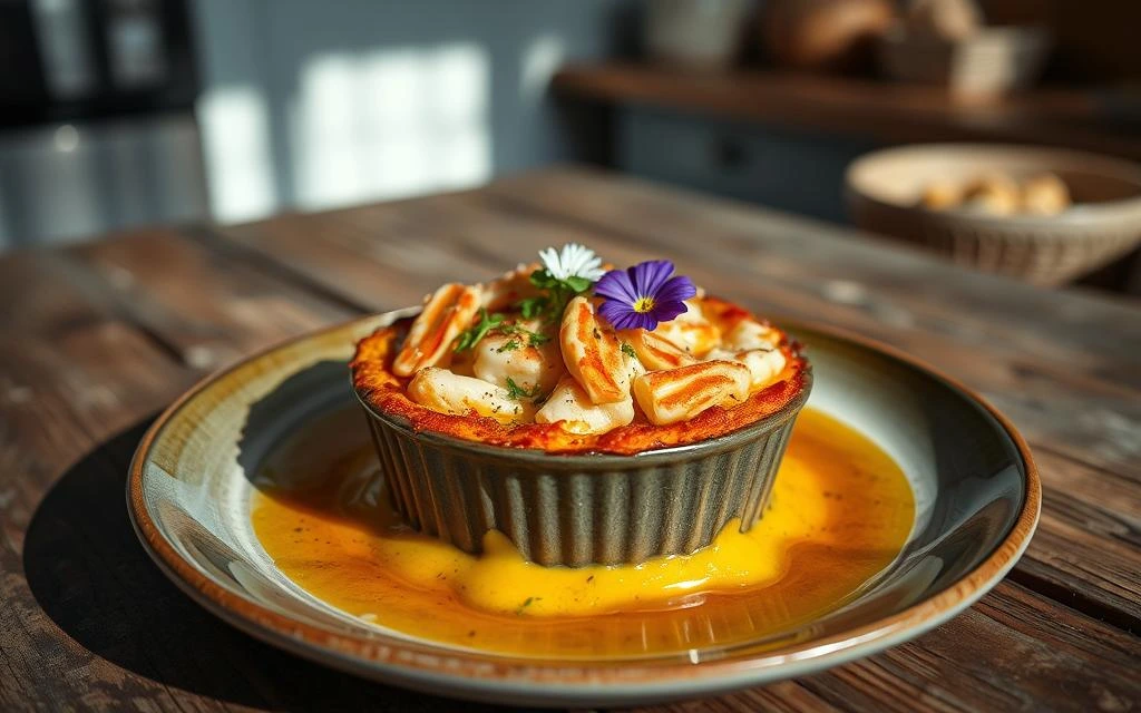 A beautifully plated crab brulee topped with a golden caramelized crust, served on a white plate with elegant presentation.