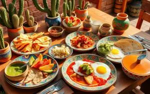 A vibrant table setup featuring traditional Mexican breakfast dishes, including huevos rancheros, guacamole, tortillas, and colorful sauces, surrounded by potted cacti.